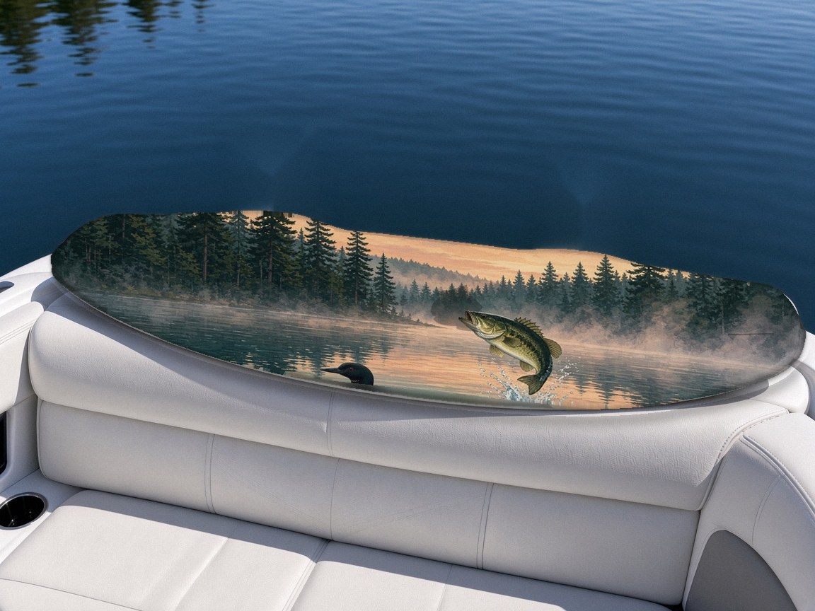 Loon Lake wakeboard with boots on a boat seat, Lake Life collection