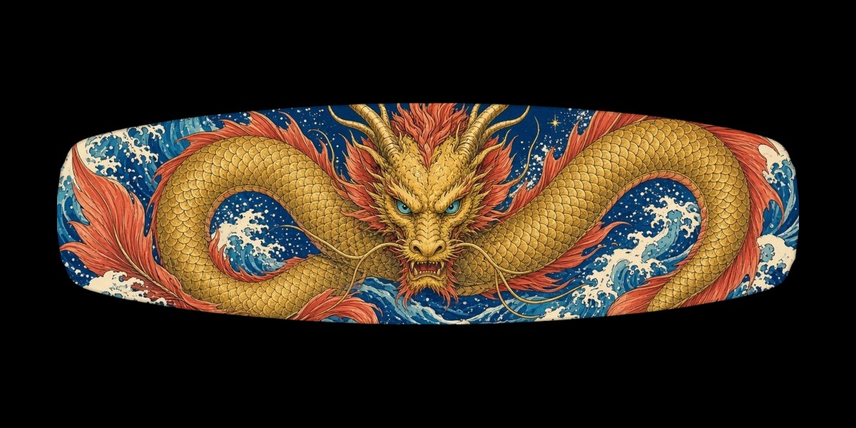 Koi Serpent Dragon wakeboard with boots, studio shot on black, Mythic Water collection
