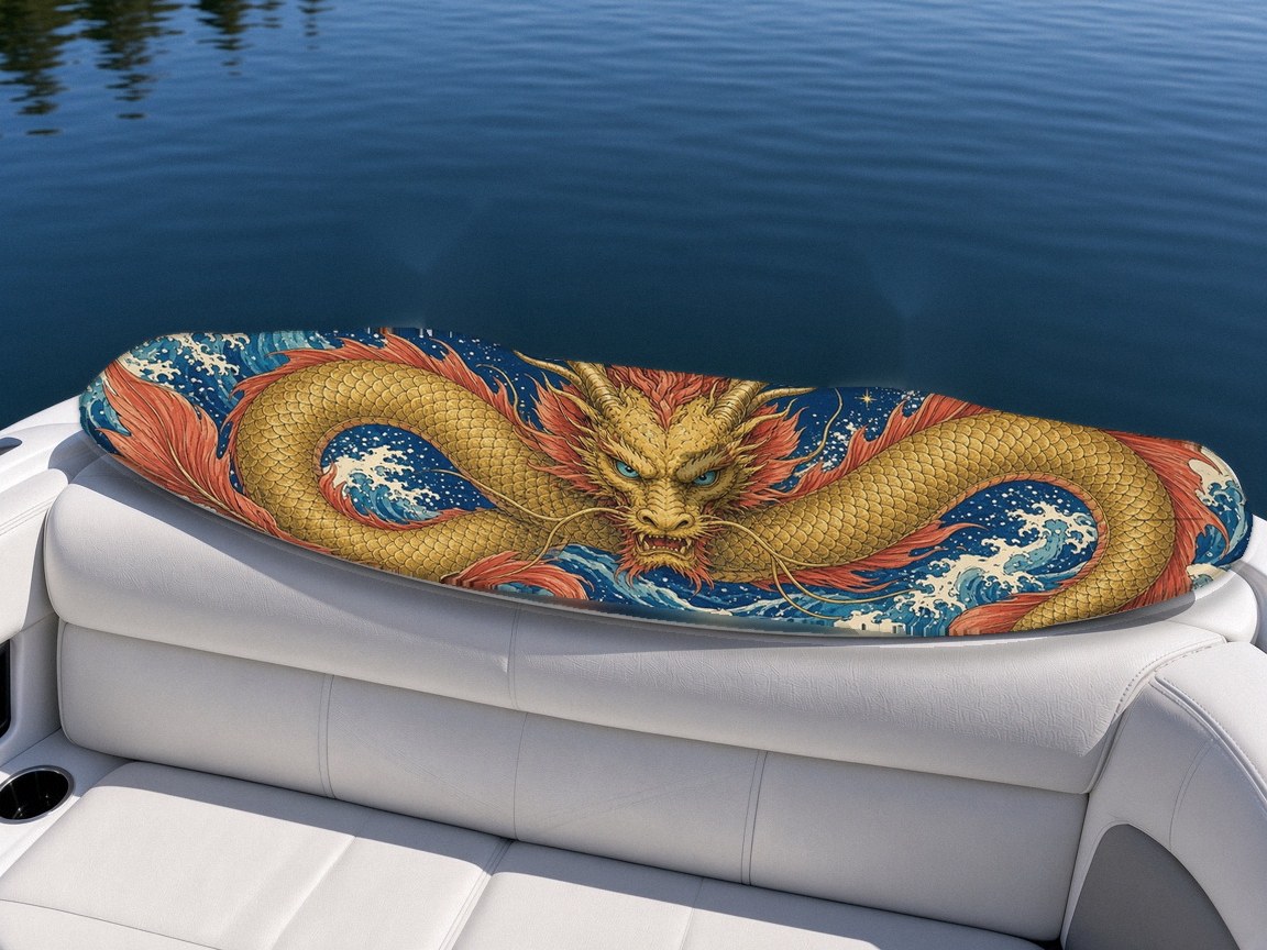 Koi Serpent Dragon wakeboard with boots on a boat seat, Mythic Water collection