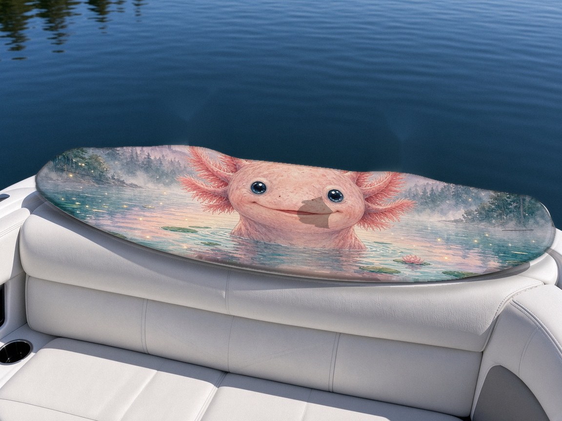 Lake Axolotl Spirit wakeboard with boots on a boat seat, Mythic Water collection
