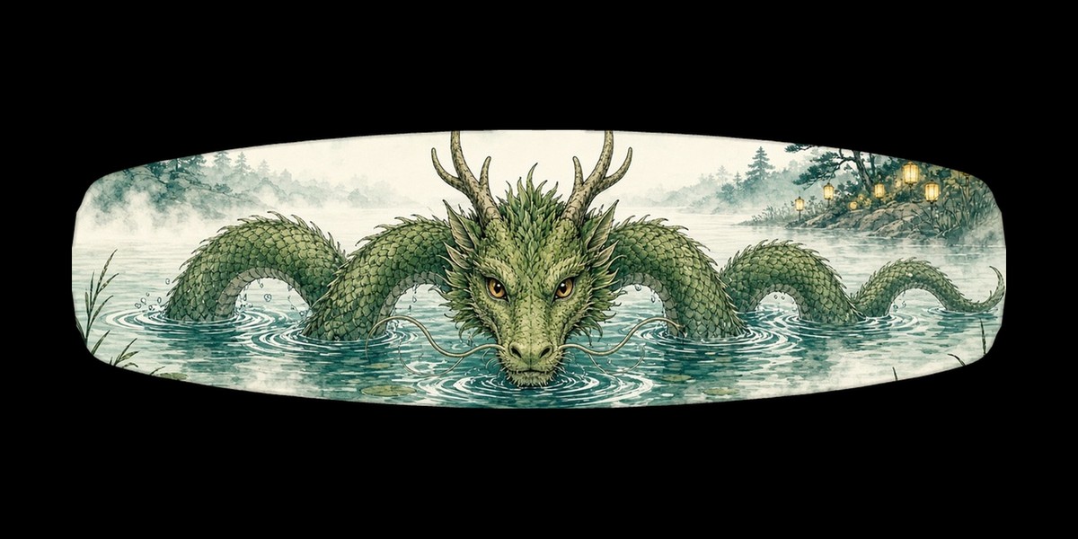 Lake River Dragon wakeboard with boots, studio shot on black, Mythic Water collection