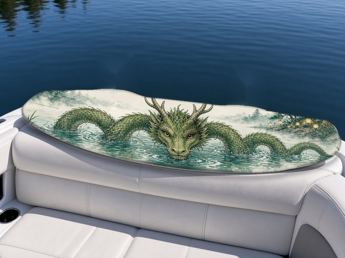 Lake River Dragon wakeboard with boots on a boat seat, Mythic Water collection
