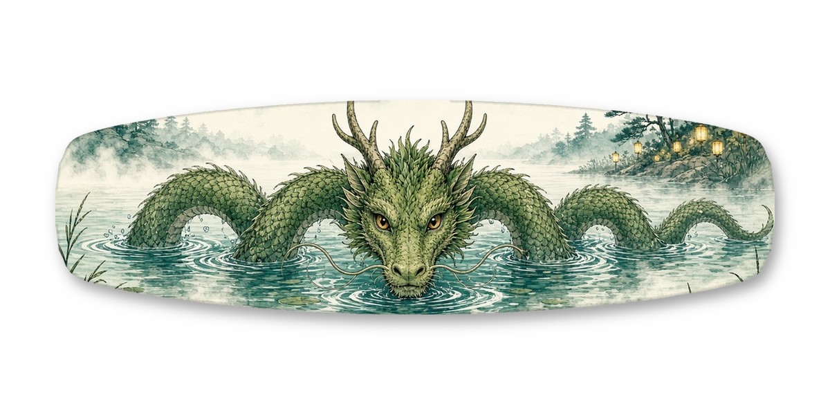 Lake River Dragon wakeboard with boots, studio shot on white, Mythic Water collection