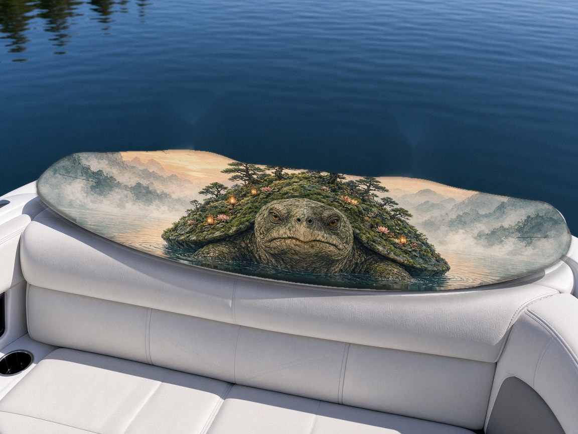 Lake Turtle Spirit wakeboard with boots on a boat seat, Mythic Water collection