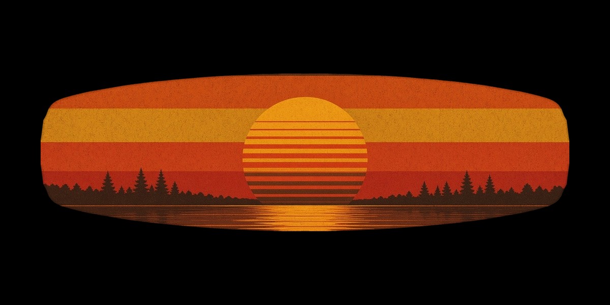 Retro Sunset wakeboard with boots, studio shot on black, Lake Life collection