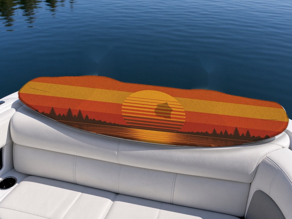 Retro Sunset wakeboard with boots on a boat seat, Lake Life collection
