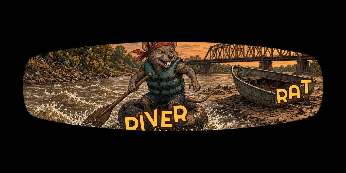 River Rat wakeboard with boots, studio shot on black, Lake Life collection