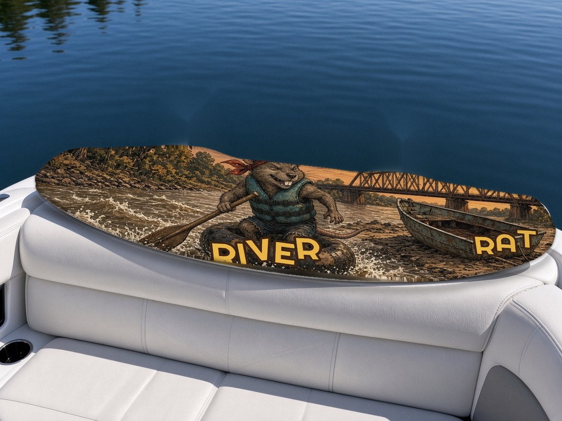 River Rat wakeboard with boots on a boat seat, Lake Life collection