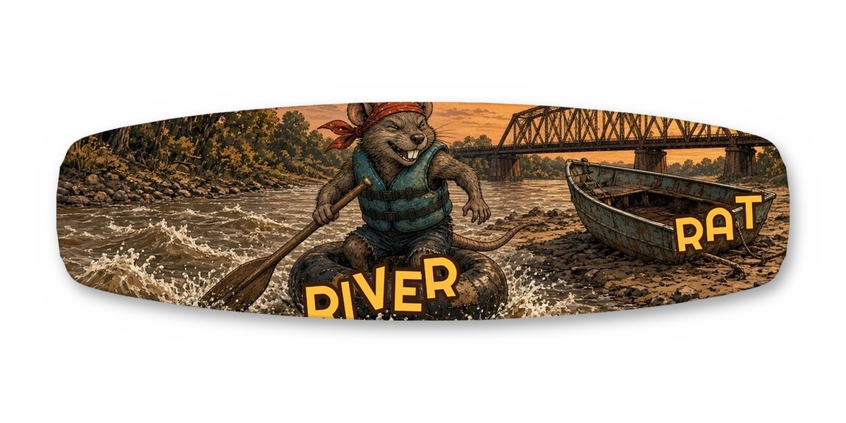 River Rat wakeboard with boots, studio shot on white, Lake Life collection