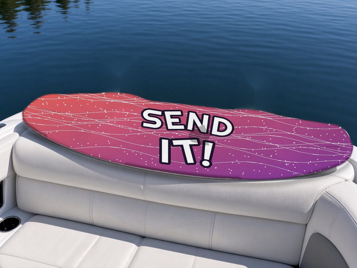 Send It wakeboard with boots on a boat seat, Lake Life collection