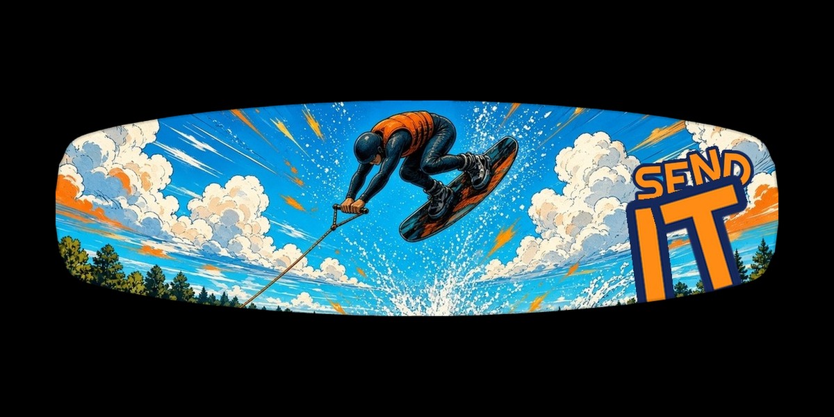 Send It Park wakeboard with boots, studio shot on black, Lake Life collection