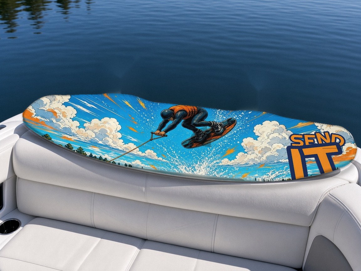 Send It Park wakeboard with boots on a boat seat, Lake Life collection