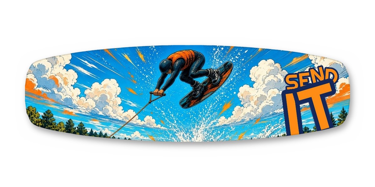 Send It Park wakeboard with boots, studio shot on white, Lake Life collection