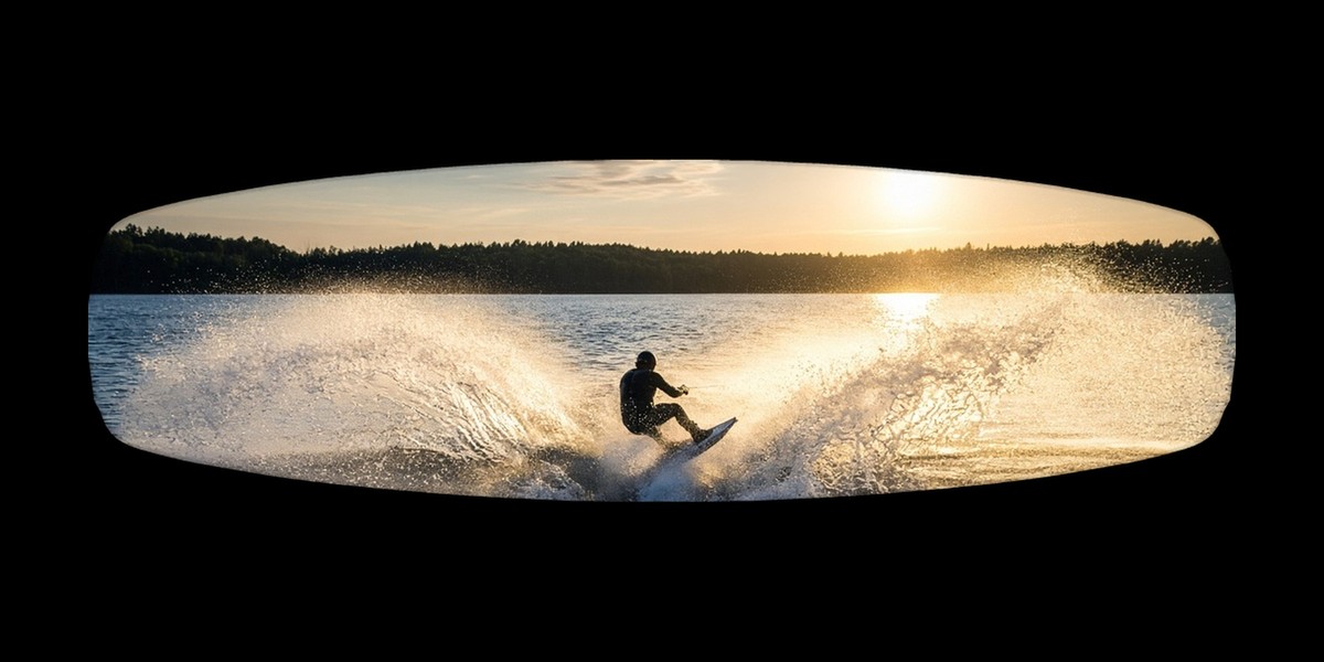 Spray Glow wakeboard with boots, studio shot on black, Lake Life collection