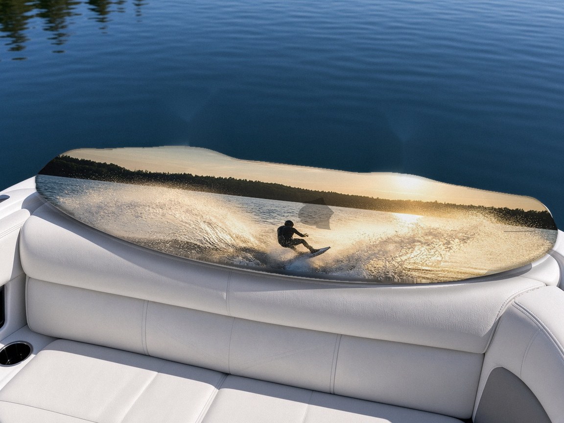 Spray Glow wakeboard with boots on a boat seat, Lake Life collection