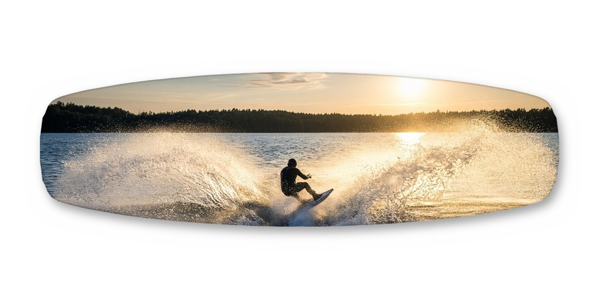 Spray Glow wakeboard with boots, studio shot on white, Lake Life collection