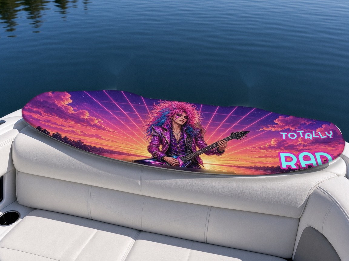 Totally Rad Glam wakeboard with boots on a boat seat, Lake Life collection