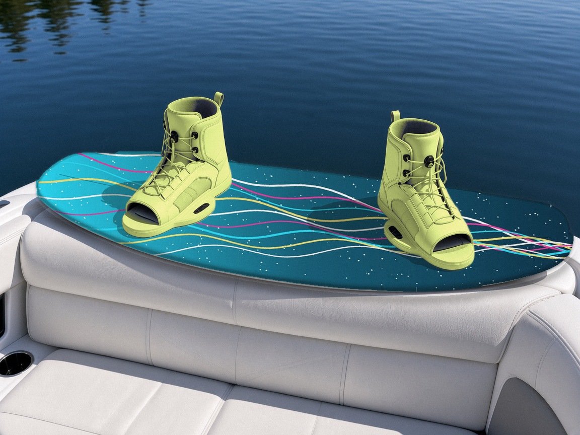 Wake Lines wakeboard with boots on a boat seat