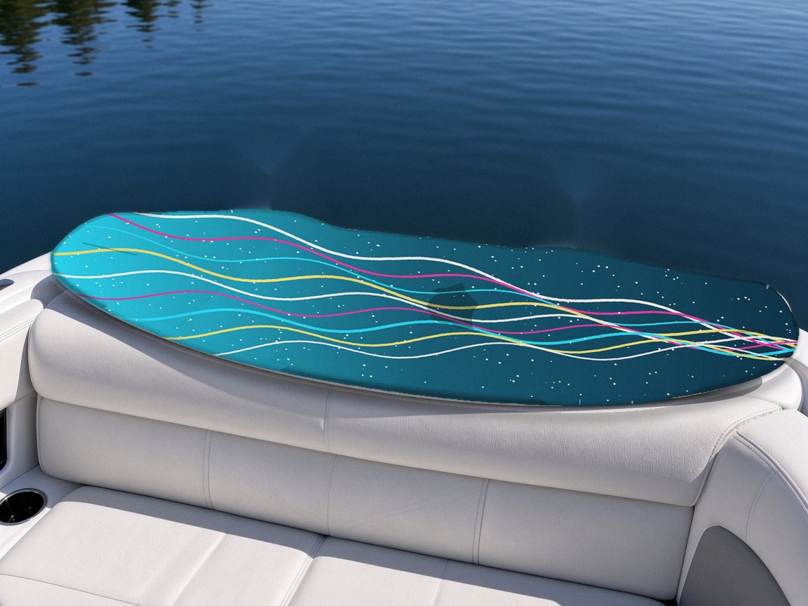 Wake Lines wakeboard with boots on a boat seat, Summer Water collection